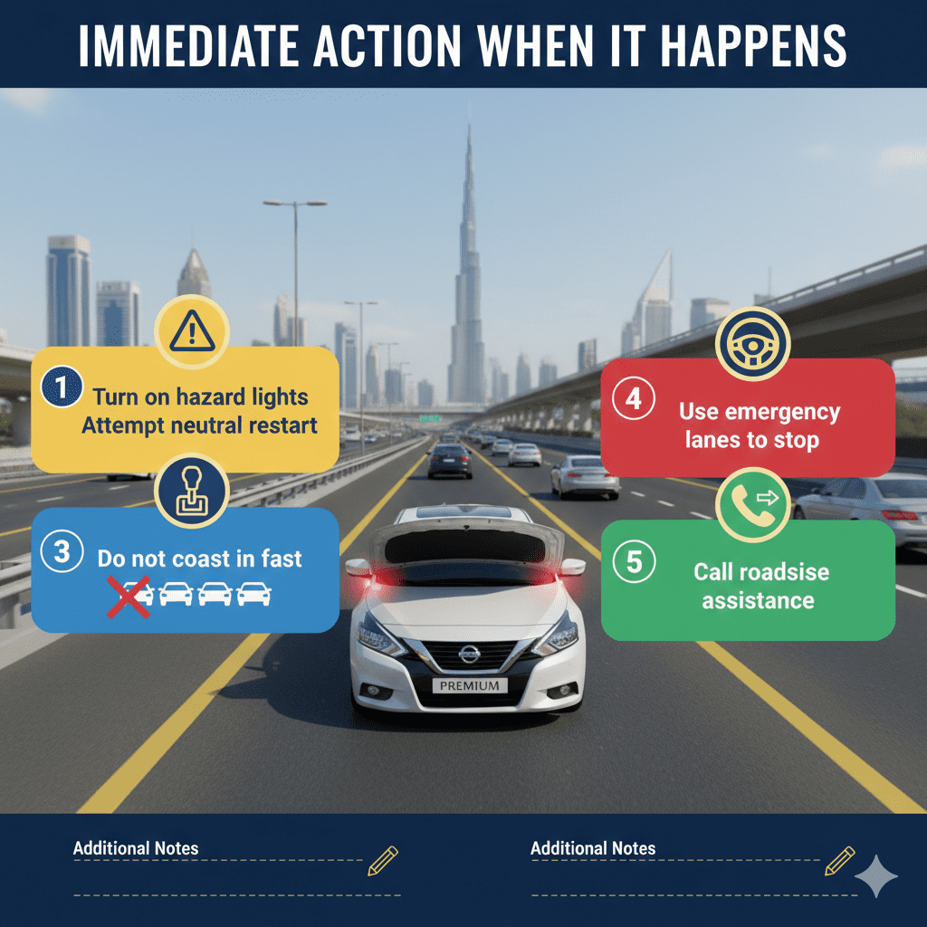 Animated infographic showing a premium car on Dubai roads with hazard lights on, title 'Immediate Action When It Happens' at top, and bullet points on sides for hazard lights, neutral restart, avoiding fast lanes, using emergency lanes, and calling roadside assistance.