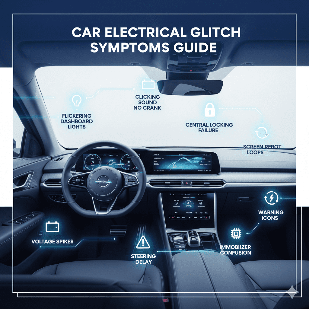 Infographic showing car electrical glitch symptoms with dashboard warnings and key problem points around a central vehicle illustration.