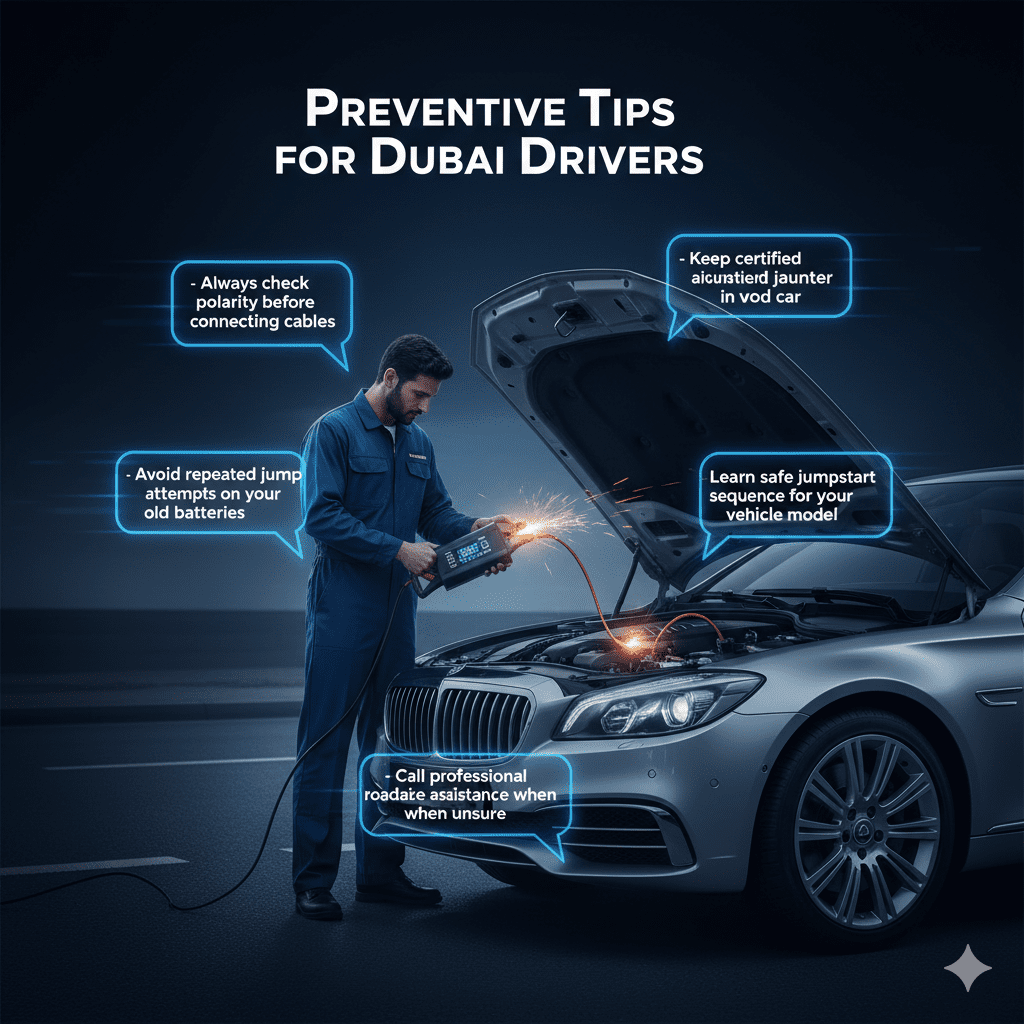 Infographic showing preventive tips for Dubai drivers to avoid jumpstart mistakes with key safety steps highlighted