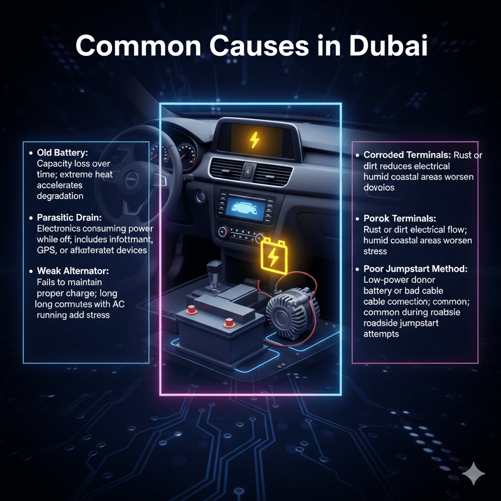 Animated-style user guide image showing the title "Common Causes in Dubai" at the top, a central animated car battery or dashboard illustration, and key causes displayed neatly on both sides.
