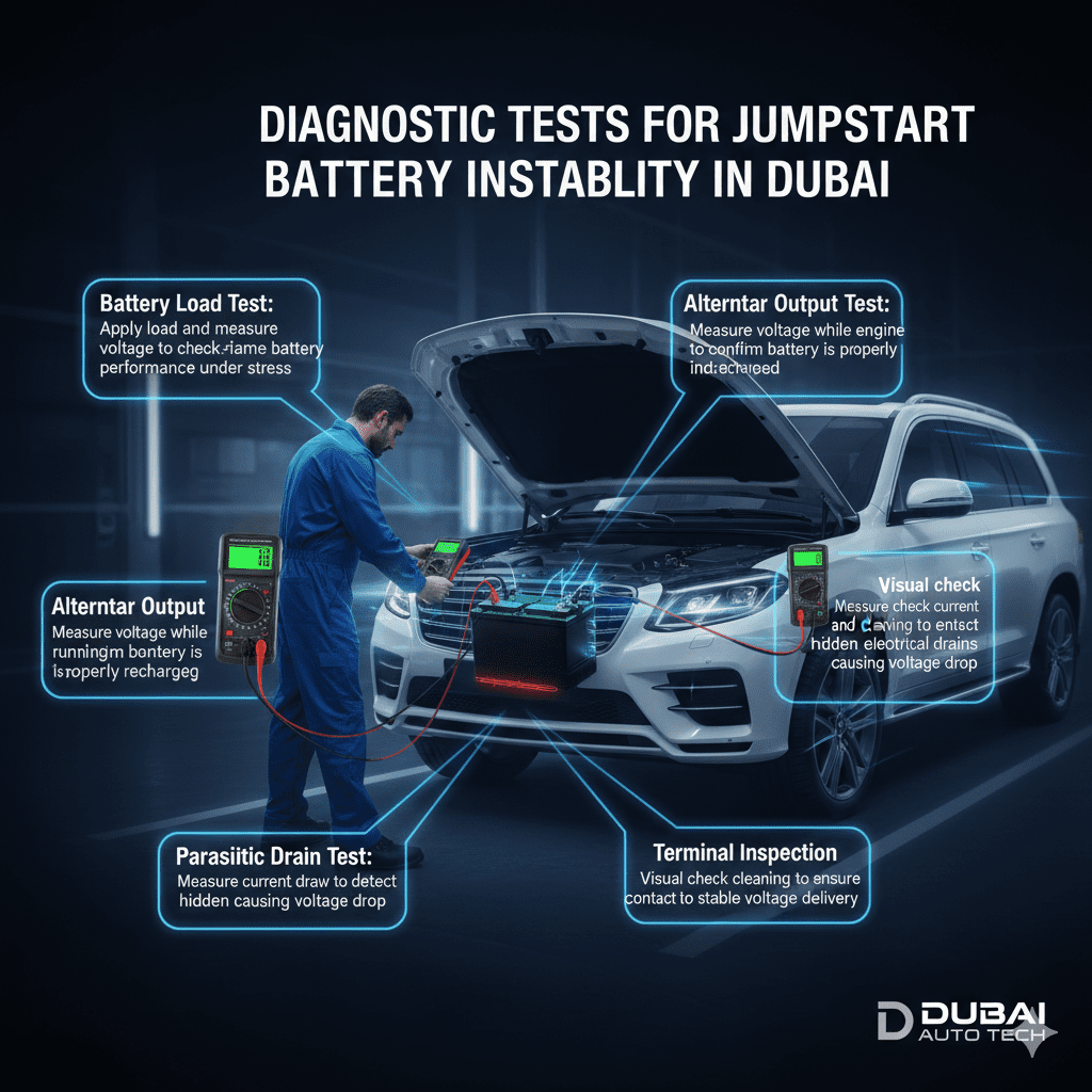 Infographic showing diagnostic tests for jumpstart battery instability in Dubai including battery load, alternator output, parasitic drain, and terminal inspection