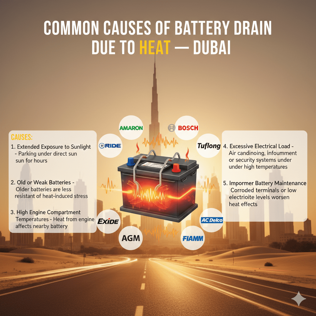 "Infographic showing common causes of battery drain due to heat in Dubai, with animated car battery in the center and top title 'Common Causes of Battery Drain Due to Heat – Dubai'. Key points displayed on sides."