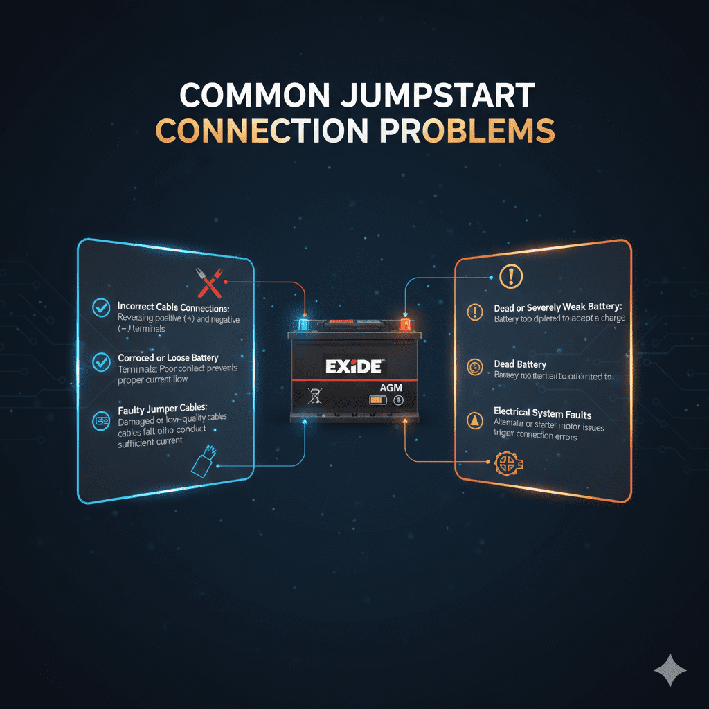 “Animated user guide image showing a top title, central car battery image, and bullet-pointed key causes of jumpstart connection errors on both sides.”