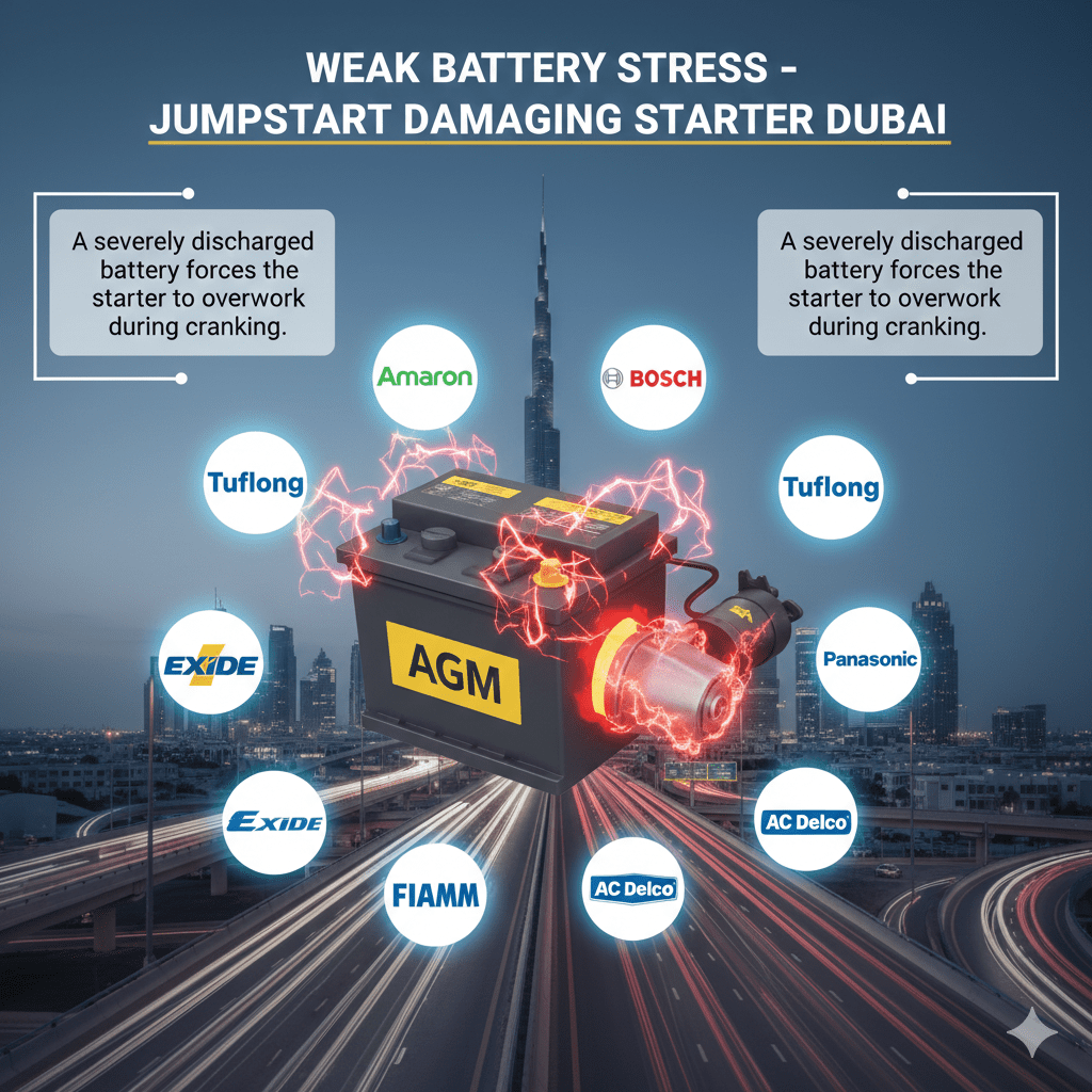 "Infographic showing weak battery stress as a cause of jumpstart damaging starter in Dubai, with animated car battery in the center and top title 'Weak Battery Stress – Jumpstart Damaging Starter Dubai'. Key point displayed on sides."