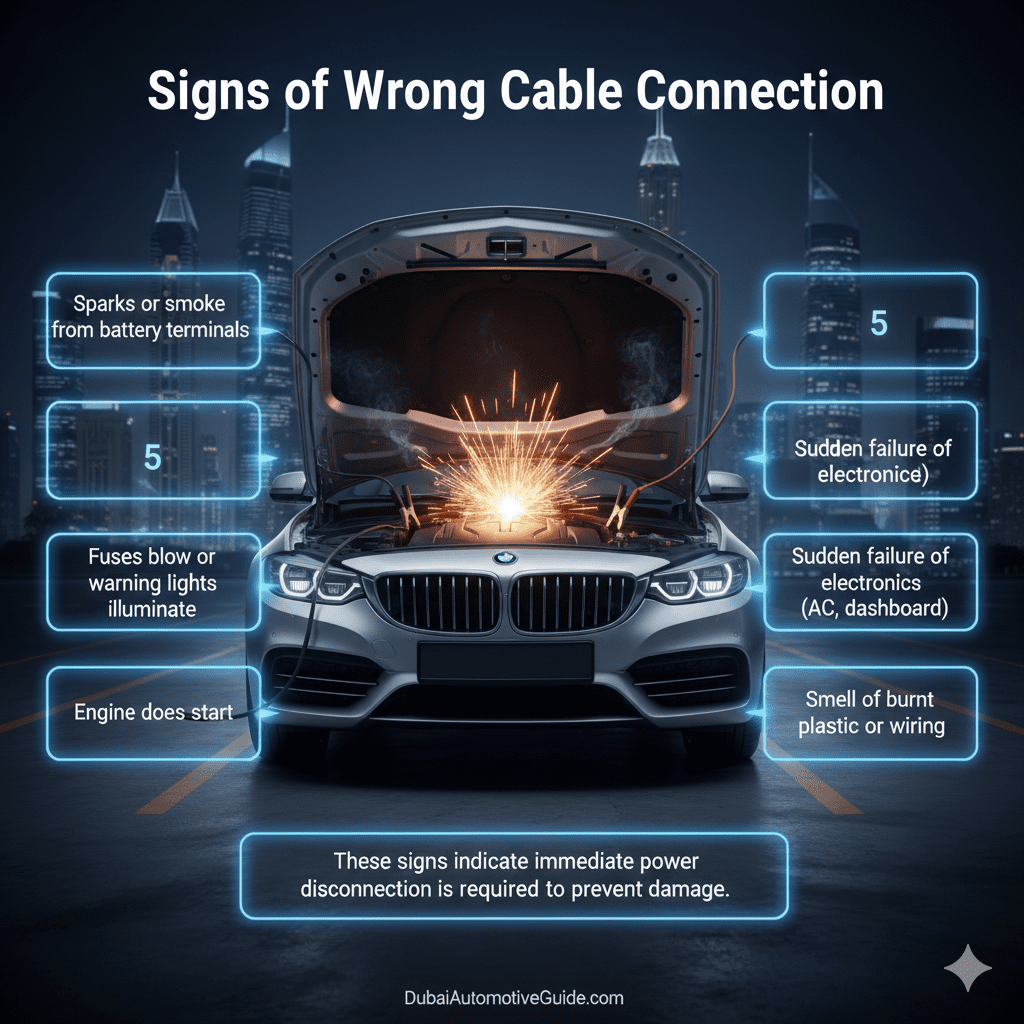 Feature image showing 'Signs of Wrong Cable Connection' with title at the top, key signs highlighted in glowing side text boxes, and a central cinematic premium car with jumper cables incorrectly attached, sparks and subtle smoke at terminals, animated-style highlights.