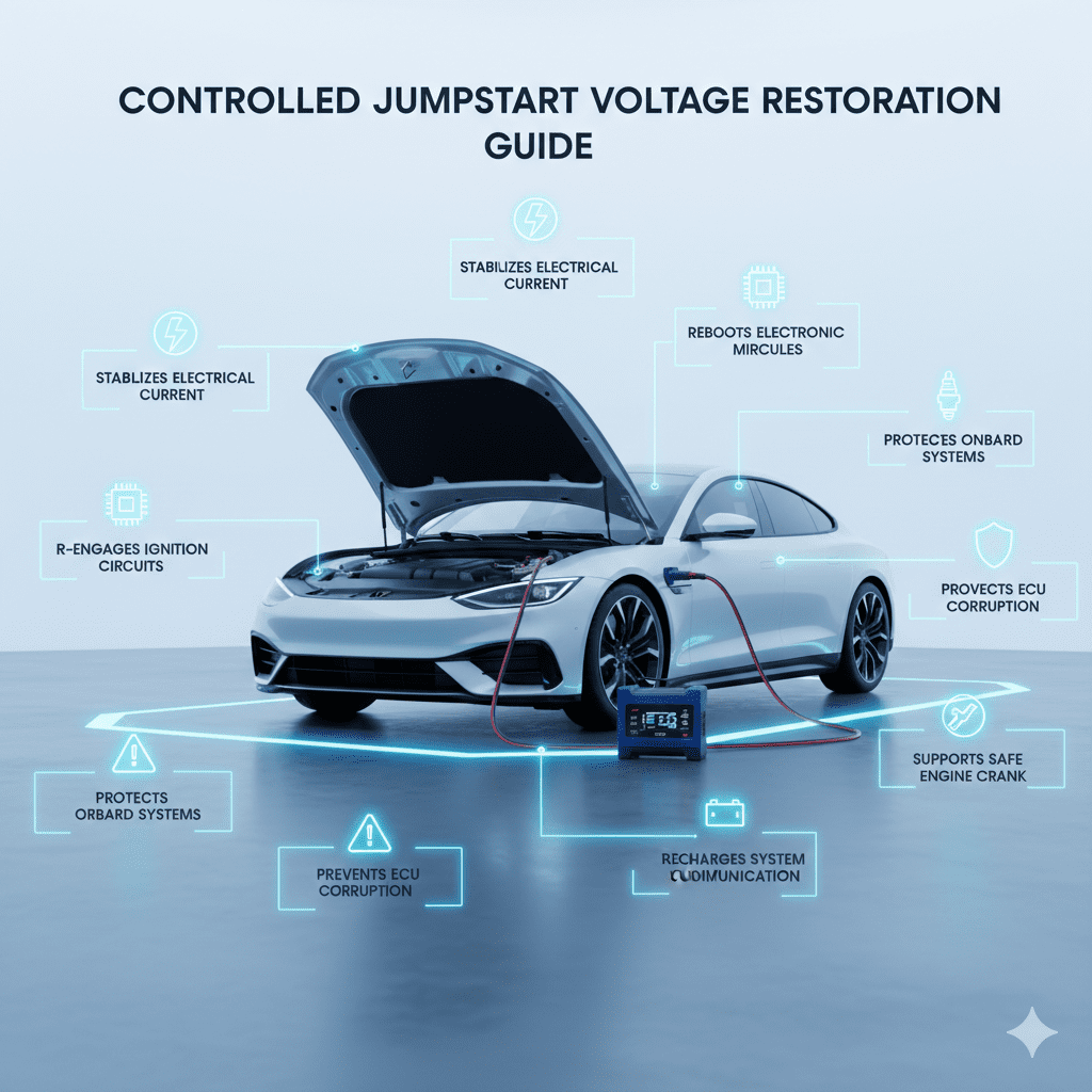 Infographic showing controlled car jumpstart process with voltage restoration steps around a central vehicle illustration.