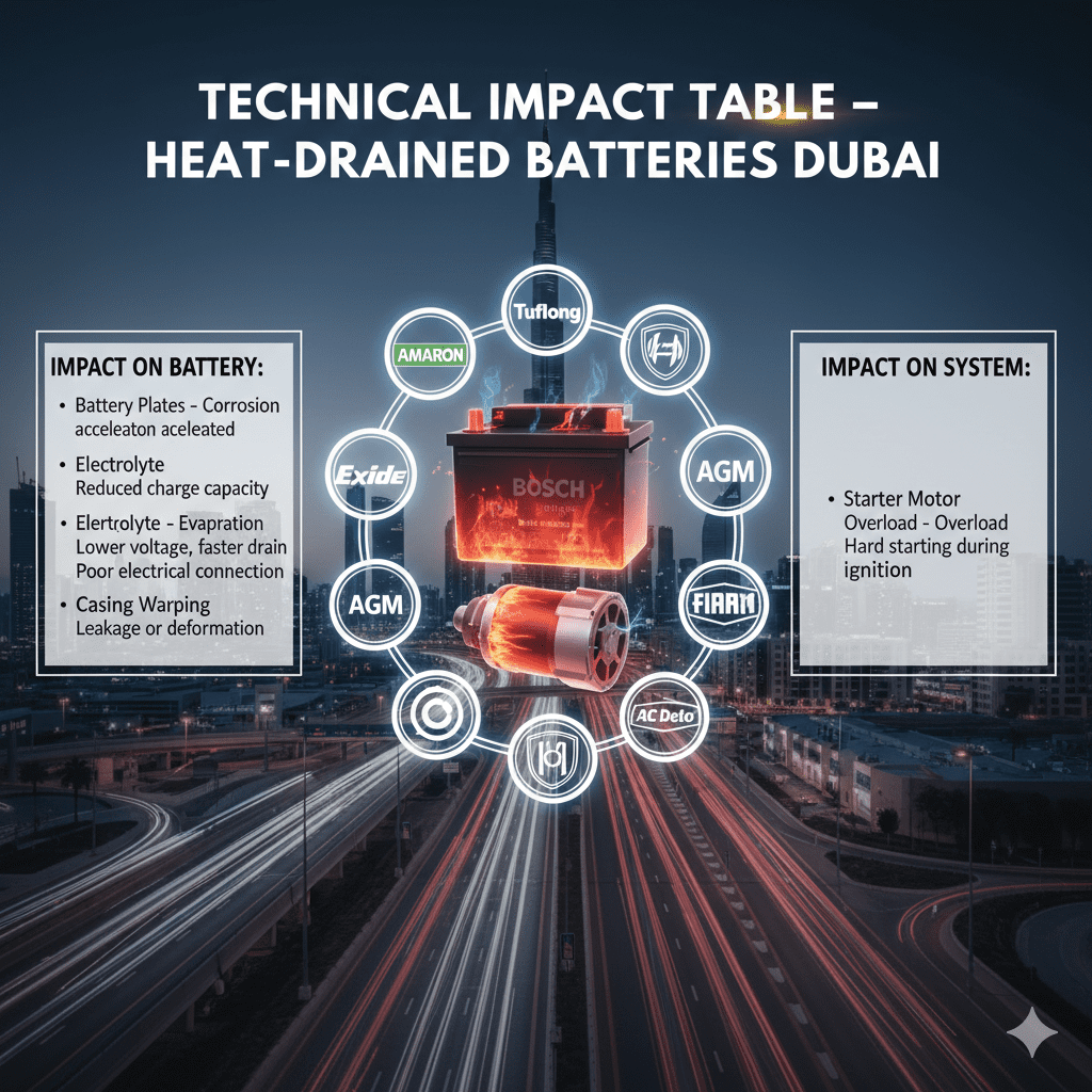"Infographic showing technical impact table for heat-drained car batteries in Dubai, with animated car battery in the center and top title 'Technical Impact Table – Heat-Drained Batteries Dubai'. Key table points displayed on sides."