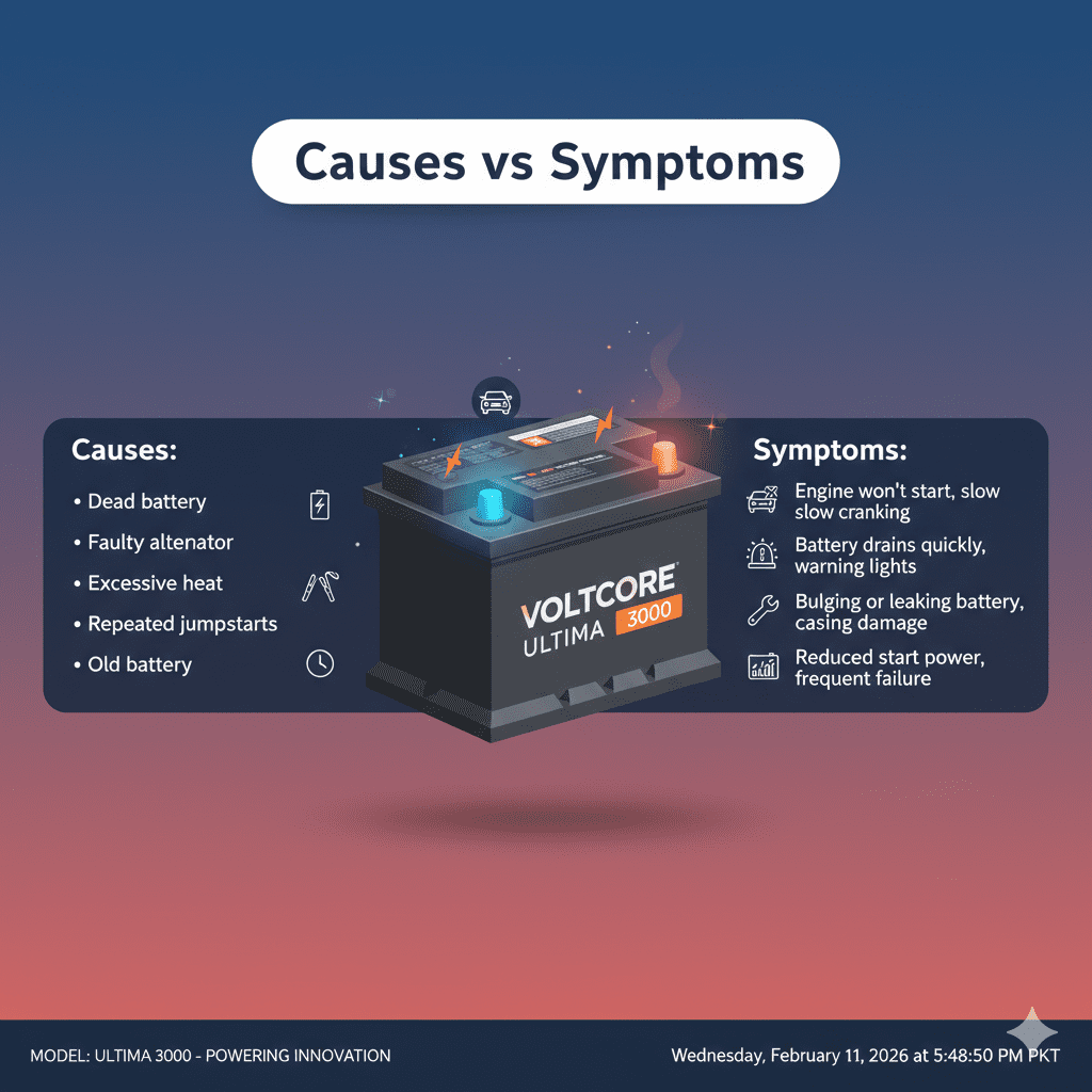 “Professional user guide illustration showing causes and symptoms of roadside battery emergencies, with title at the top, key points on sides, and an animated branded battery in the center.”