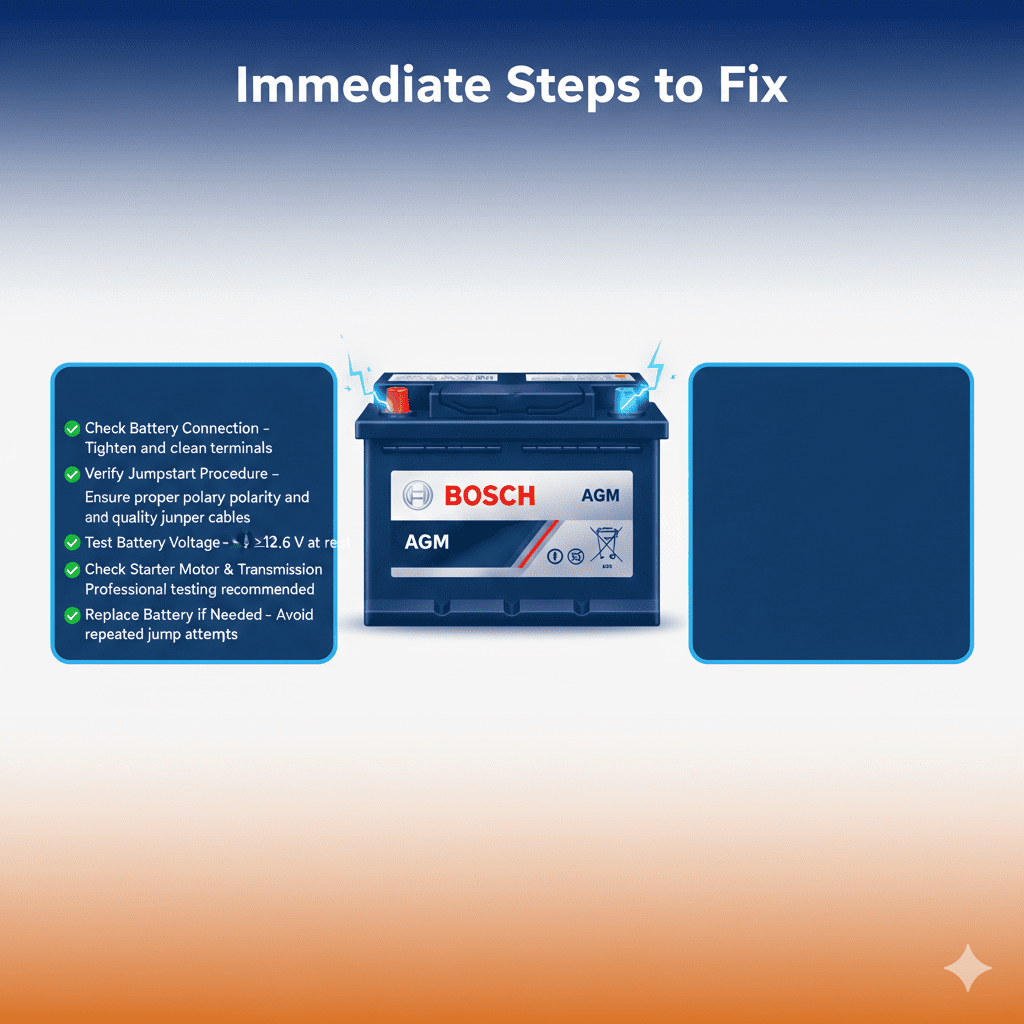 “Animated user guide infographic showing a central premium car battery with glowing sparks, dynamic title at top, and key steps displayed on sides including battery connection check, jumpstart procedure verification, battery voltage test, starter motor and transmission check, and battery replacement.”