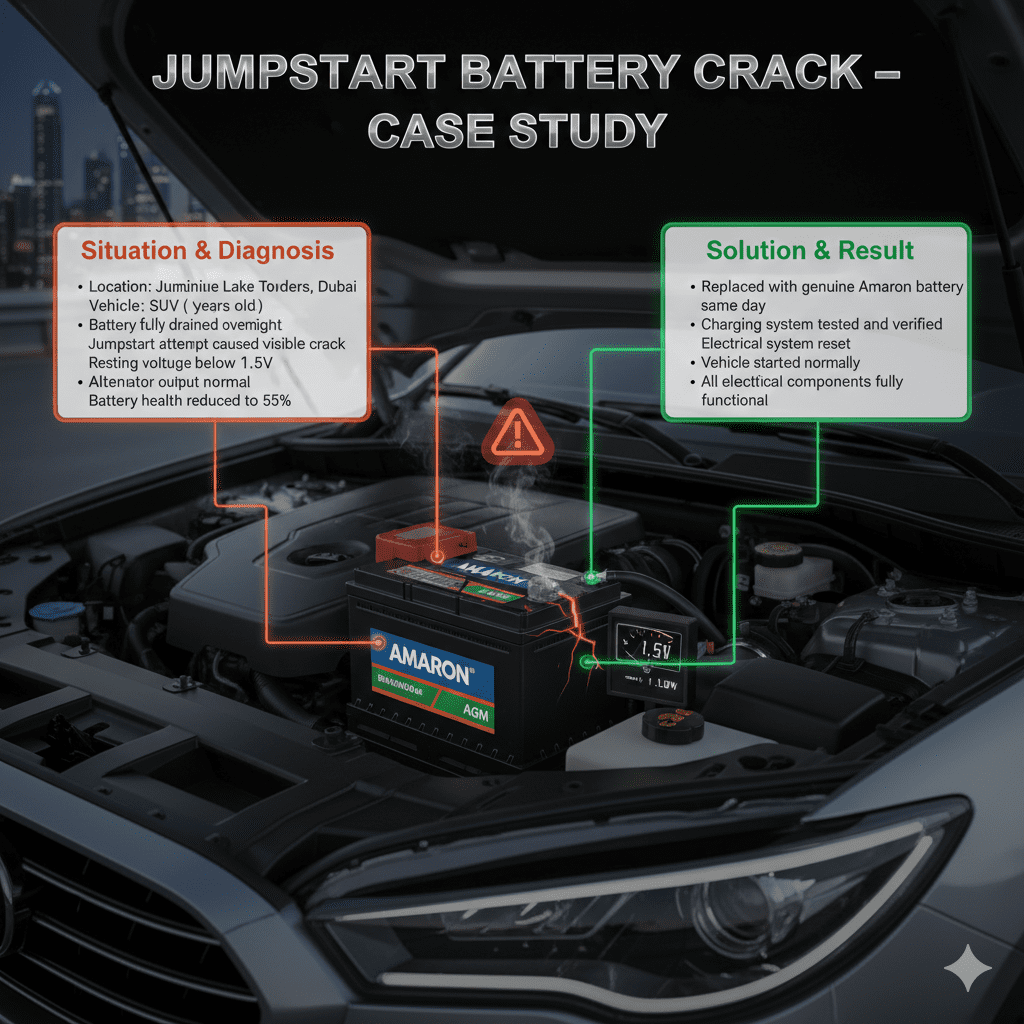 Infographic showing a cracked branded car battery in a modern engine bay with low voltage, dashboard warning lights, and animated hazard symbols, alongside side bullet points describing situation, diagnosis, solution, and results of a case study in Dubai.