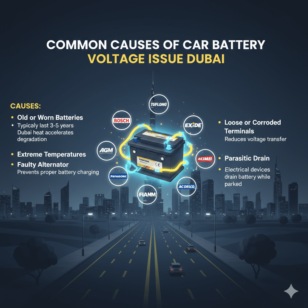 "Infographic showing common causes of car battery voltage issues in Dubai with animated car battery in the center and top title highlighting 'Common Causes of Car Battery Voltage Issue Dubai'. Key points displayed on sides, featuring popular battery brands."
