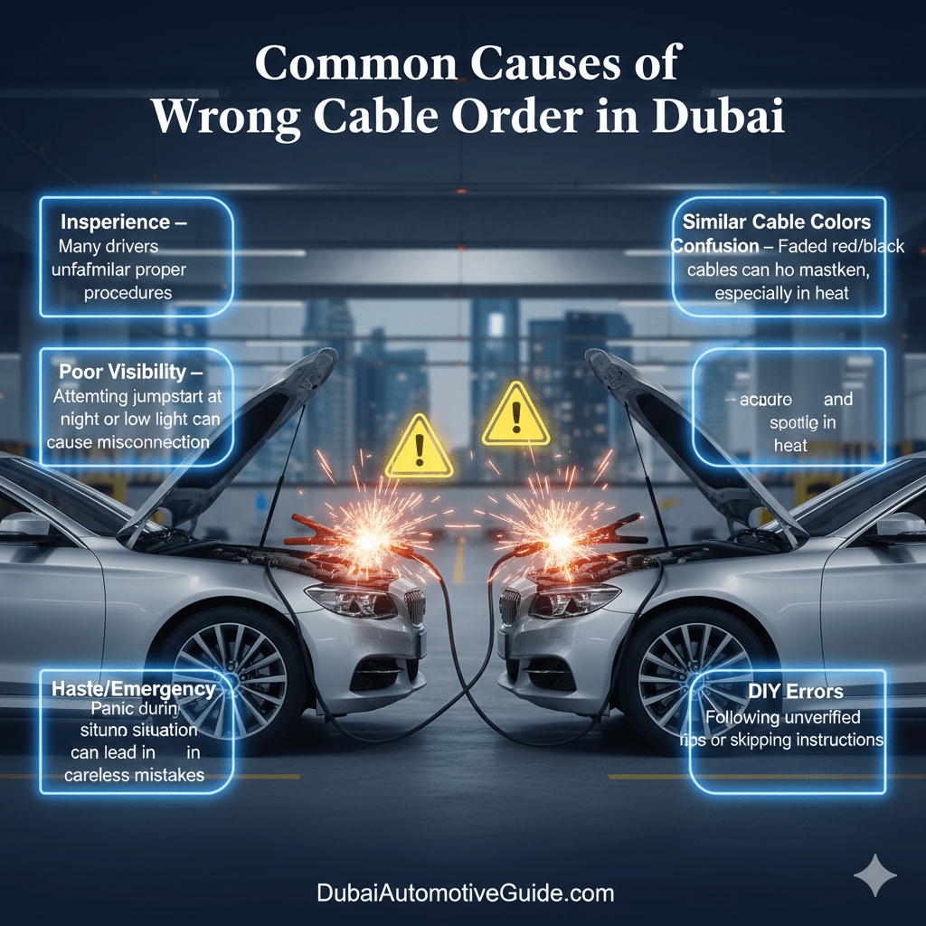 Feature image showing 'Common Causes of Wrong Cable Order in Dubai' with title at the top, key causes highlighted in glowing side text boxes, and a central cinematic premium car with jumper cables incorrectly attached and subtle sparks, animated-style highlights.