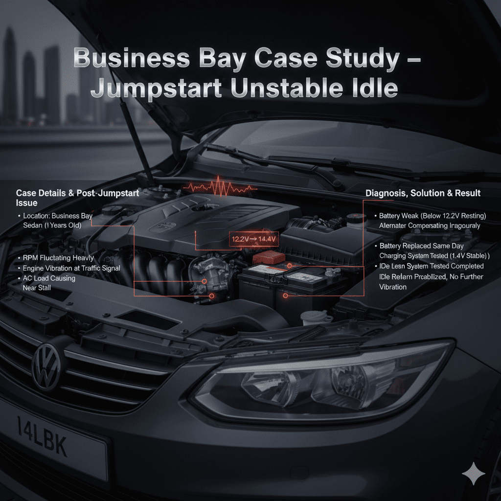 Infographic showing a sedan battery and engine with animated RPM fluctuation, AC load, and voltage display highlighting jumpstart unstable idle case study in Business Bay.