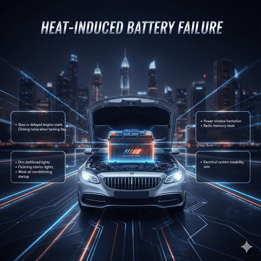 "Infographic showing a luxury car with a glowing battery in the center and side panels listing warning signs of heat-induced battery failure."