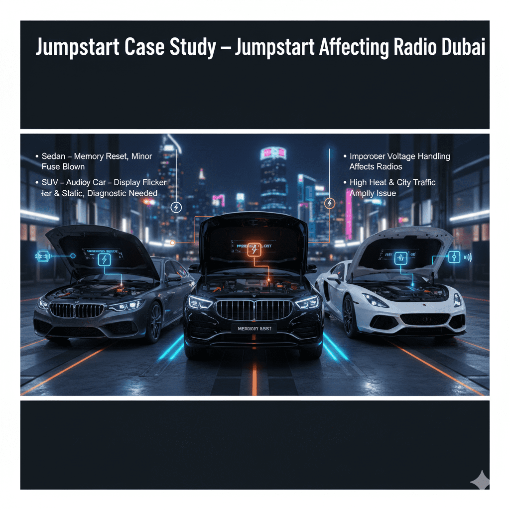 Dubai car battery infographic showing case study of radios affected by jumpstart in sedan, SUV, and luxury cars