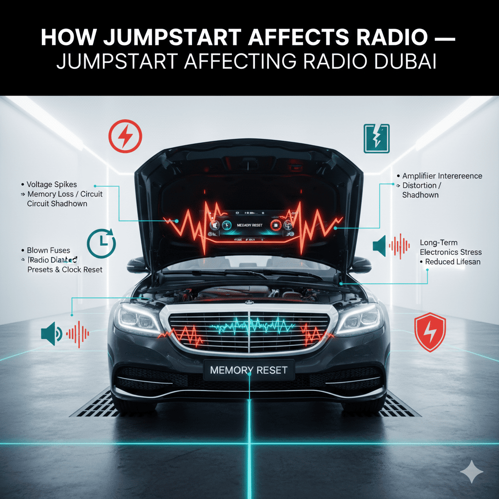 Dubai car battery infographic showing how jumpstart voltage spikes and surges affect car radios, including memory reset and blown fuses