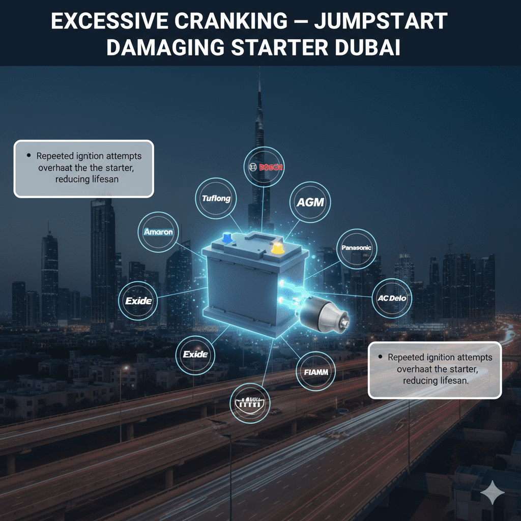 "Infographic showing excessive cranking as a cause of jumpstart damaging starter in Dubai, with animated car battery in the center and top title 'Excessive Cranking – Jumpstart Damaging Starter Dubai'. Key point displayed on sides."