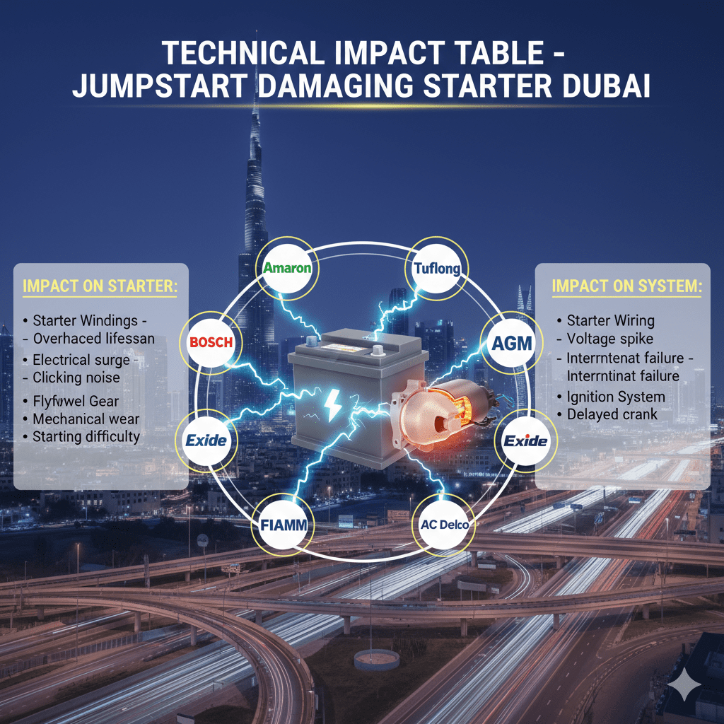 "Infographic showing the technical impact table for jumpstart damaging starter in Dubai, with animated car battery in the center and top title 'Technical Impact Table – Jumpstart Damaging Starter Dubai'. Key table points displayed on sides."