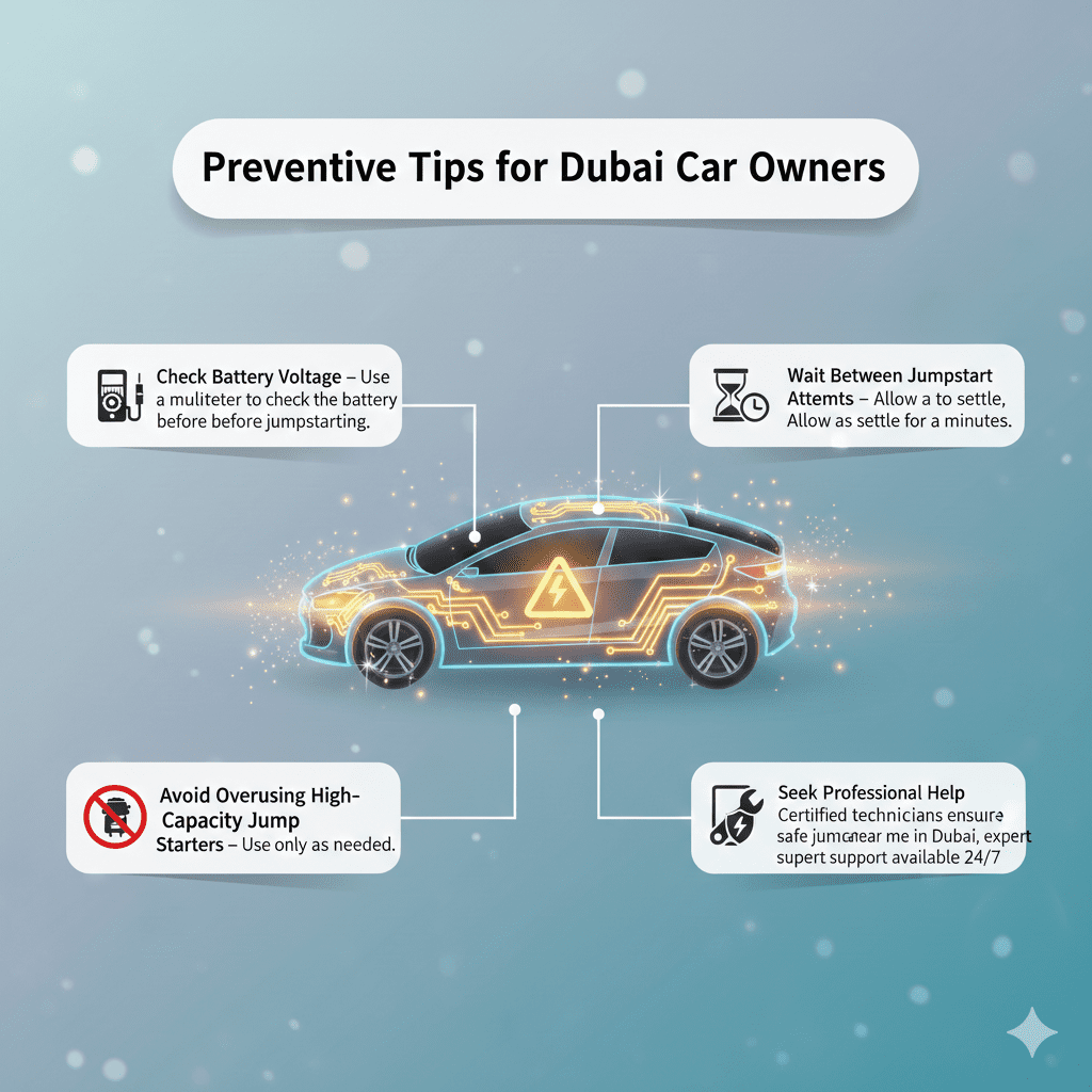 “Animated user guide illustration showing the title ‘Preventive Tips for Dubai Car Owners’ at the top, key preventive tips as bullet points on the sides, and a glowing central automotive brand illustration.”