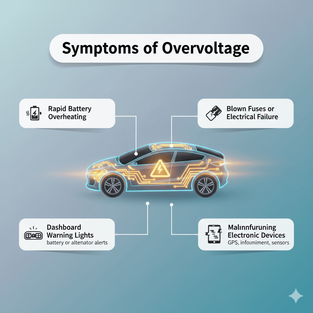 “Animated user guide illustration showing the title ‘Symptoms of Overvoltage’ at the top, key symptoms as bullet points on the sides, and a glowing automotive brand illustration in the center.”
