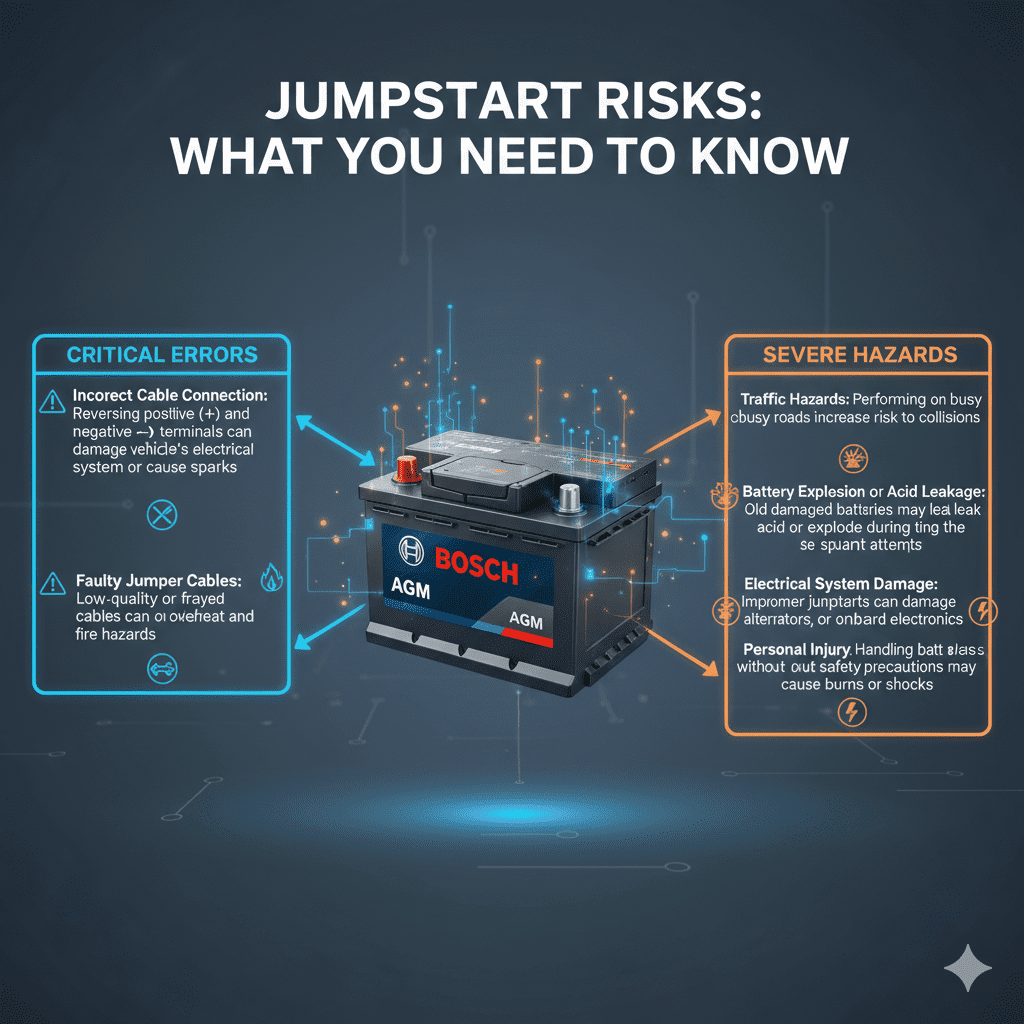“Animated user guide image showing a top title, central car battery image, and bullet-pointed common roadside jumpstart risks in Dubai on both sides.”