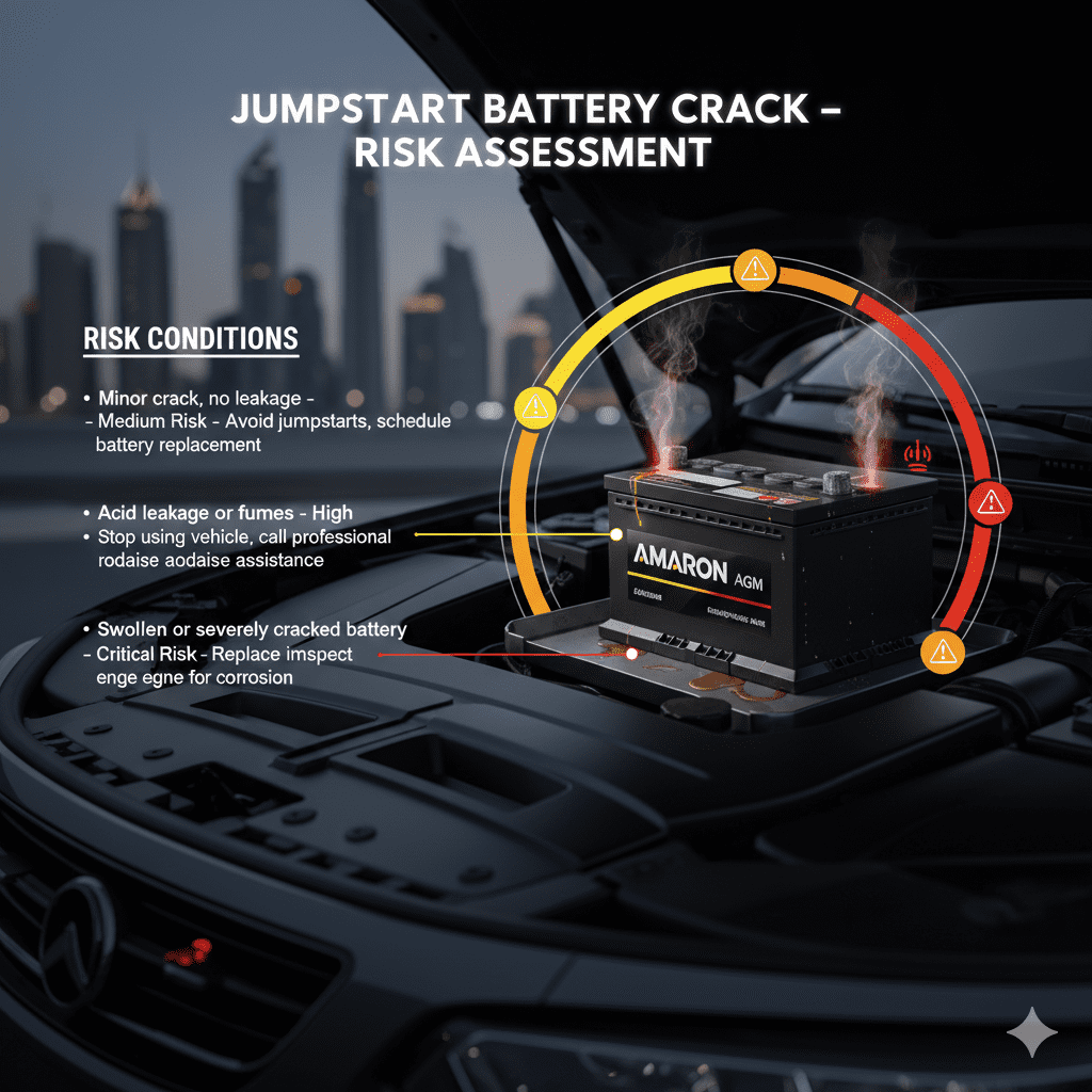 Infographic showing a branded car battery in a modern engine bay with minor cracks, acid leakage, and warning symbols, displaying a risk assessment table for jumpstart battery crack in Dubai.