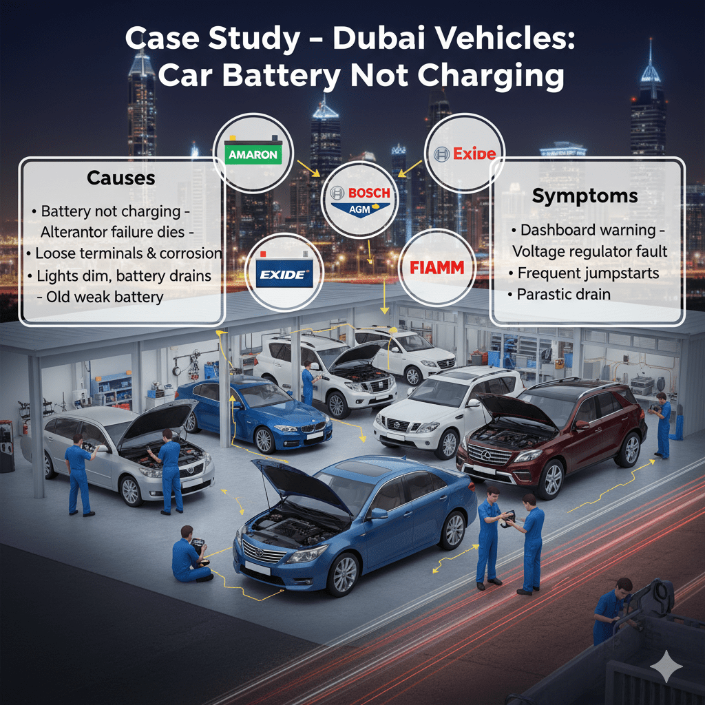 "Animated-style user guide image showing a case study of Dubai vehicles with car battery not charging. Cars include Toyota Corolla, BMW 5 Series, Nissan Patrol, Mercedes GLE, Lexus RX with technicians performing battery and electrical system checks. Bullet points on sides show Battery not charging – Alternator failure, Engine cranks but dies – Loose terminals & corrosion, Lights dim, battery drains – Old weak battery, Dashboard warning – Voltage regulator fault, Frequent jumpstarts – Parasitic drain. Logos of Amaron, Bosch, AGM, Exide, FIAMM surround the cars, with Dubai skyline in the background."