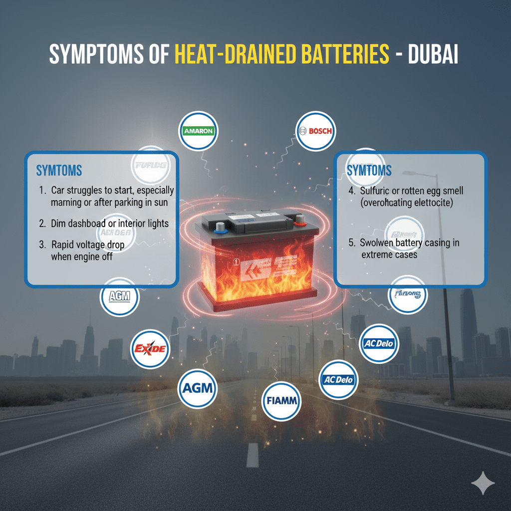 "Infographic showing symptoms of heat-drained car batteries in Dubai, with animated car battery in the center and top title 'Symptoms of Heat-Drained Batteries – Dubai'. Key points displayed on sides."