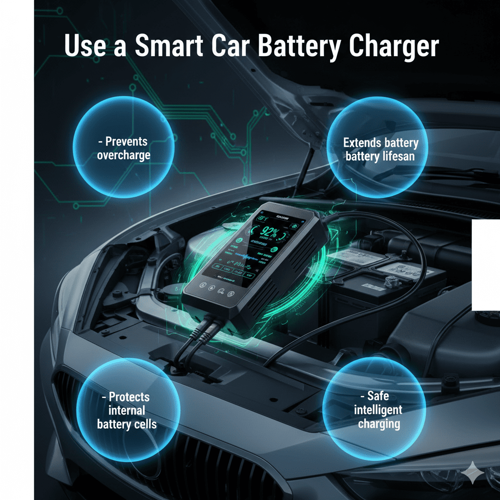 Infographic showing smart car battery charger protecting battery from overcharging