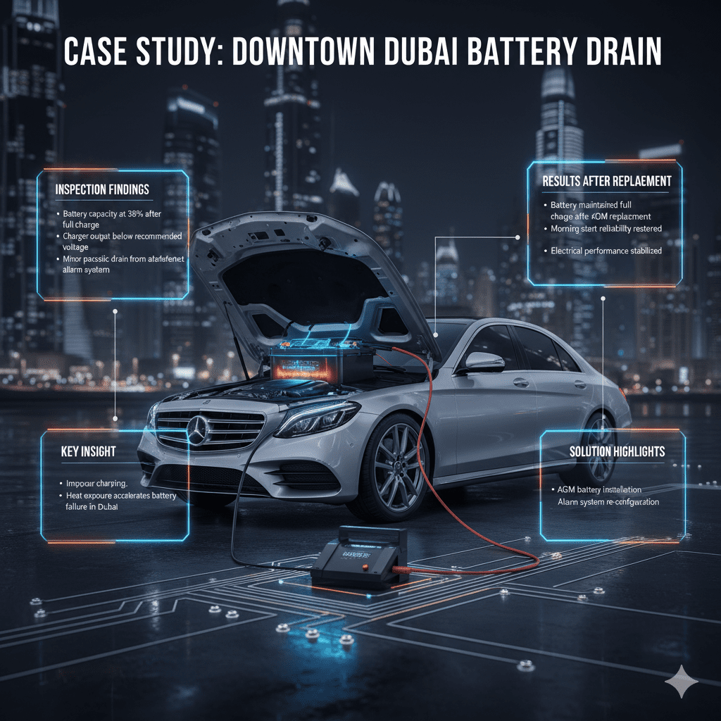 "Infographic showing a luxury sedan in Downtown Dubai with glowing battery and charger at the center, and side panels displaying key findings from a case study on battery draining after charger use."