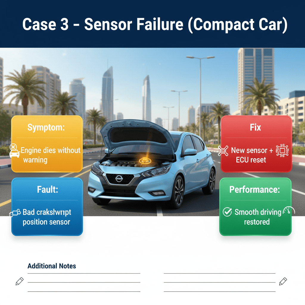 Animated infographic showing a premium compact car with engine highlighted on Dubai urban roads, title 'Case 3 – Sensor Failure (Compact Car)' at top, with bullet points on sides for symptom, fault, fix, and performance.