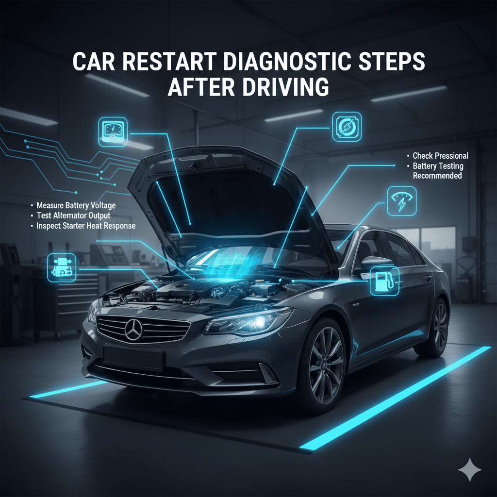 Car diagnostic guide showing battery and restart testing steps after driving
