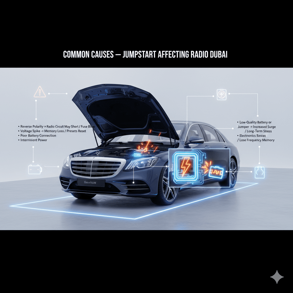 Dubai car battery infographic showing common causes of radio issues after jumpstart including voltage spikes, reverse polarity, and circuit stress