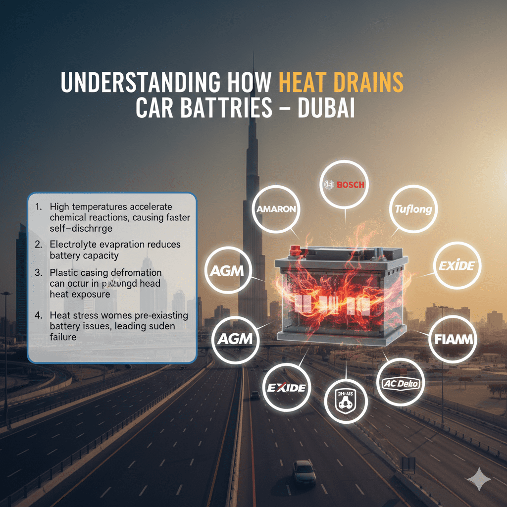 "Infographic showing how heat drains car batteries in Dubai, with animated car battery in the center and top title 'Understanding How Heat Drains Car Batteries – Dubai'. Key points displayed on sides."