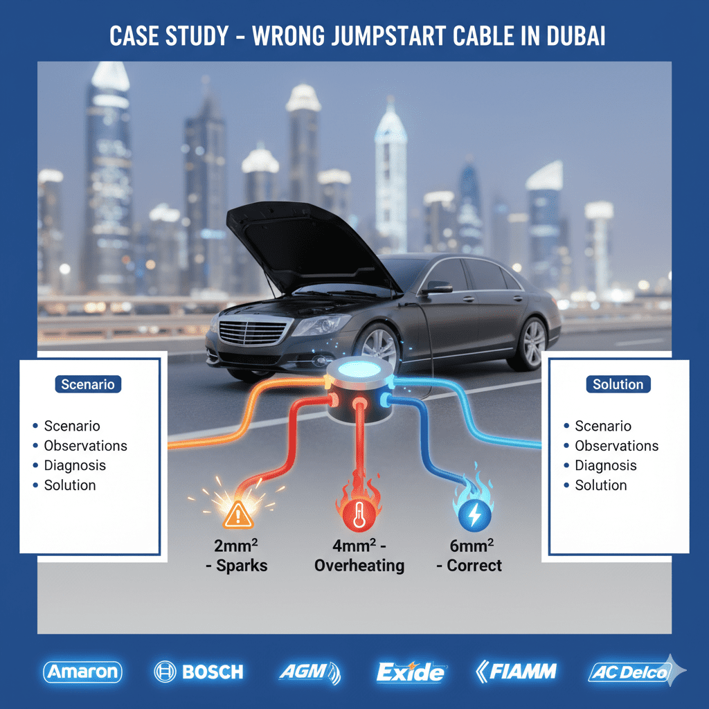Feature image titled 'Case Study – Wrong Jumpstart Cable in Dubai' showing a 3D animated sedan with jumpstart cables of varying gauge (2mm² thin, 4mm² overheating, 6mm² correct), empty side panels for points (Scenario, Observations, Diagnosis, Solution), and animated battery brand logos (Amaron, Bosch, Tuflong, AGM, Exide, Panasonic, FIAMM, AC Delco) on a blurred Dubai cityscape background.
