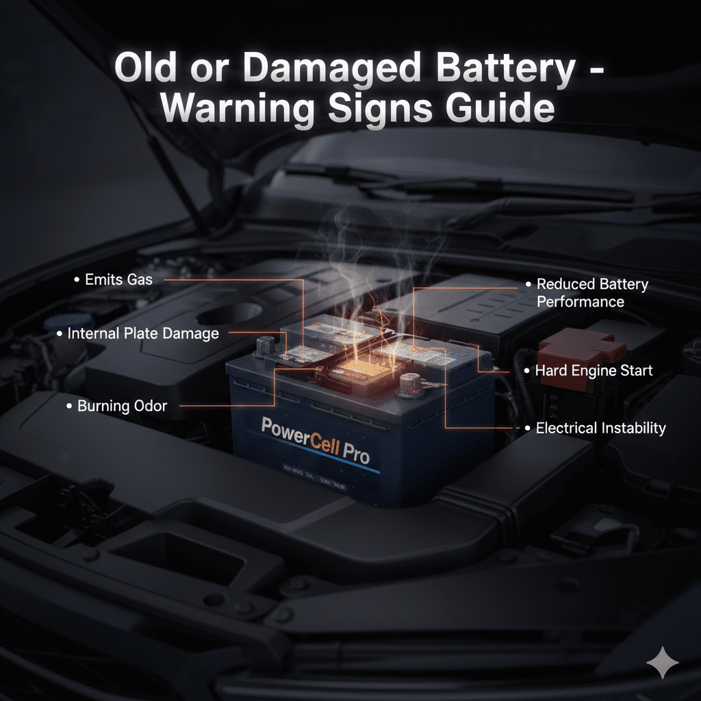 Infographic showing an old car battery emitting gas with signs of internal plate damage and burning odor highlighted around it.