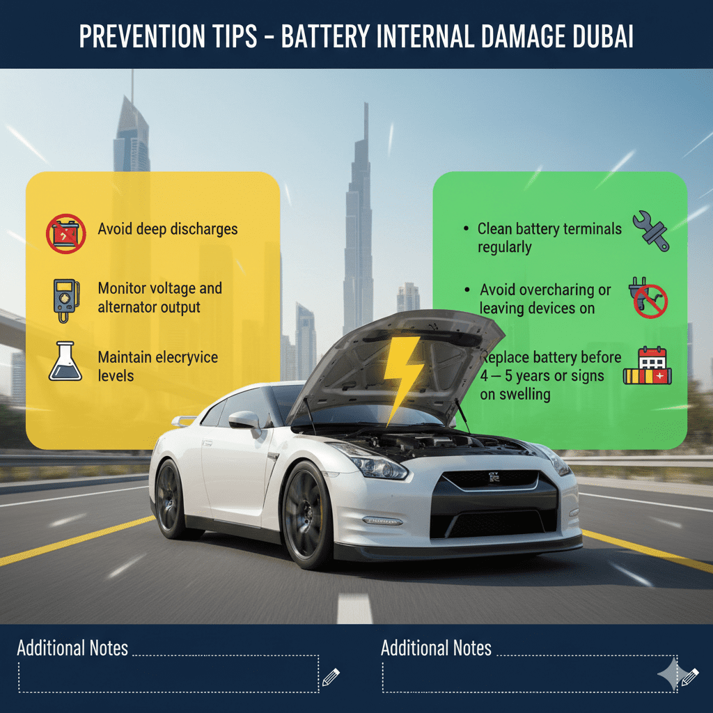 Animated-style user guide infographic showing a premium car with engine hood open in Dubai cityscape, title 'Prevention Tips – Battery Internal Damage Dubai' at the top, with empty spaces on sides for bullet points listing key prevention tips.