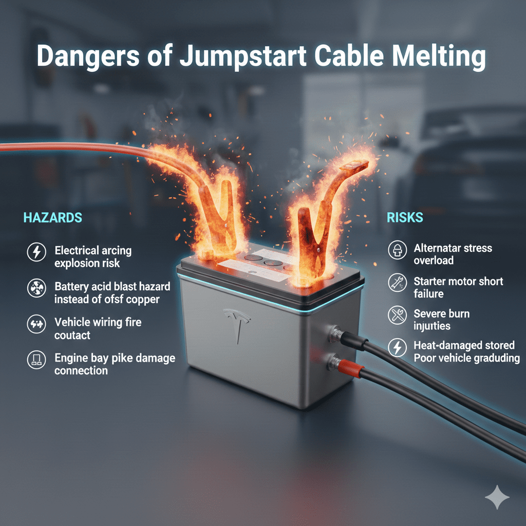 "Jumpstart Cable Melting dangers guide with premium battery in center, key risks displayed on sides as animated bullet points, glowing jumper cables showing electrical hazard."