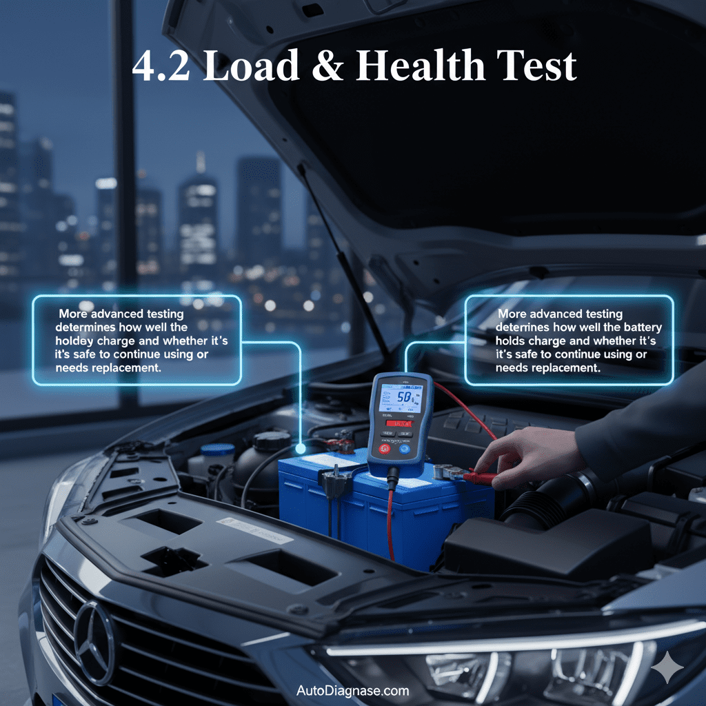 Feature image showing '4.2 Load & Health Test' with title at the top, explanation highlighted in glowing side text boxes, and a central cinematic premium car battery connected to a professional load tester, animated-style highlights.