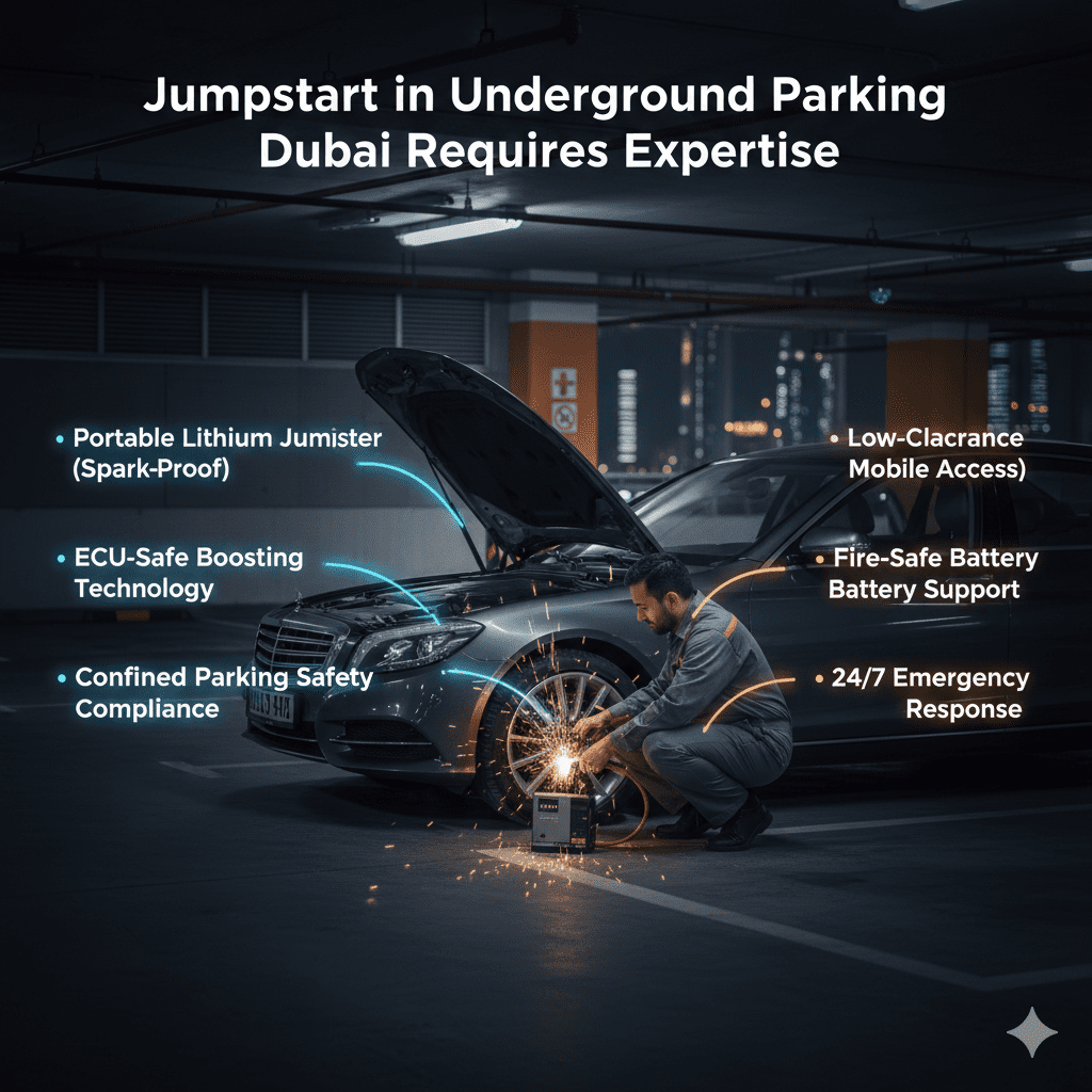 Professional technician using spark-proof lithium jump starter inside underground parking in Dubai with highlighted safety features and 24/7 emergency service benefits.