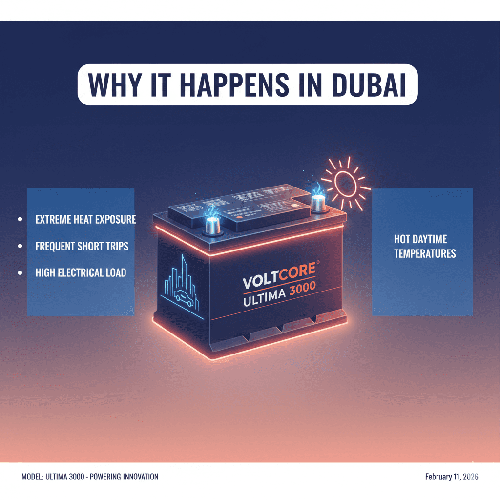 “Professional user guide illustration showing why car batteries swell in Dubai, with title on top, bullet points on sides, and animated branded battery in the center.”