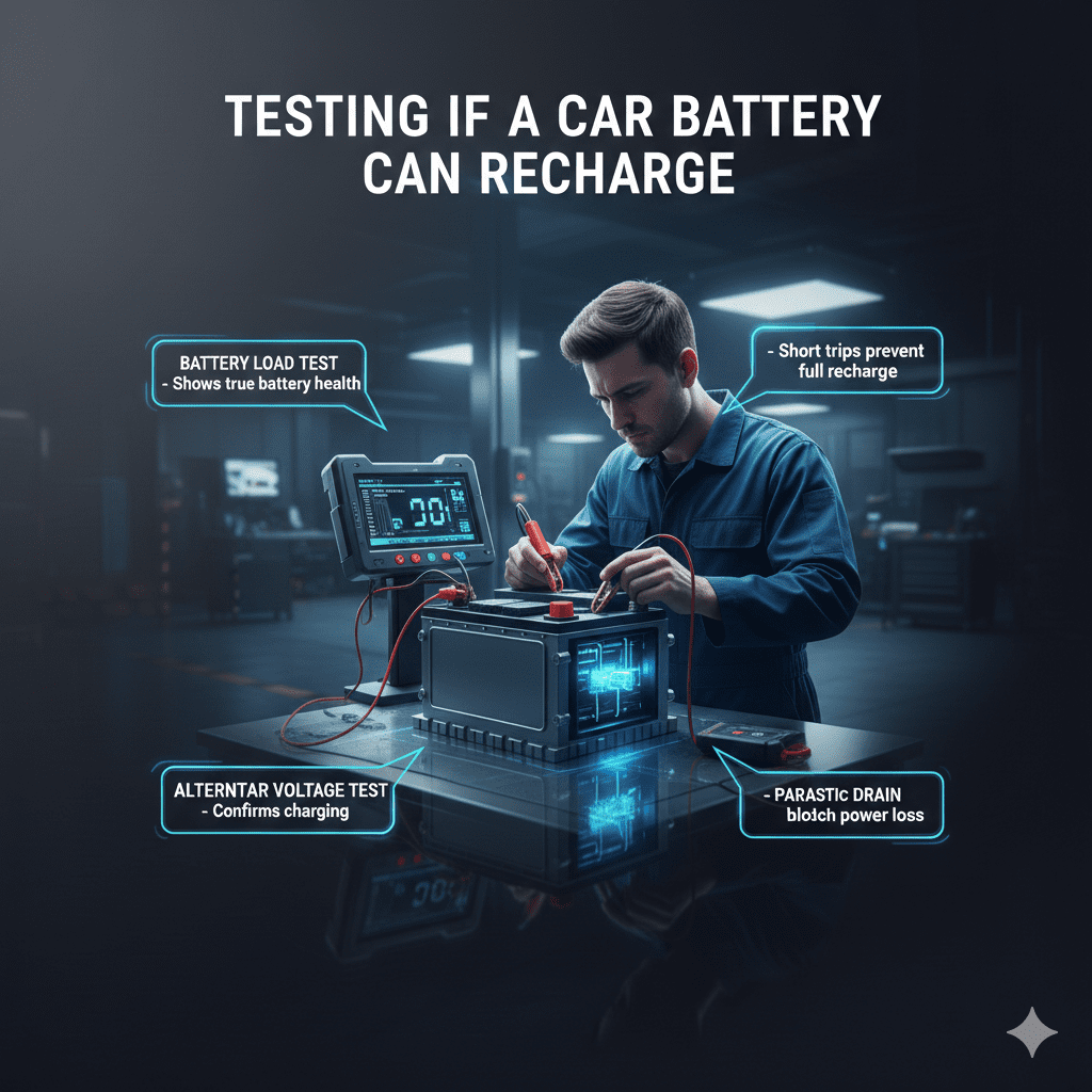 Automotive diagnostic infographic showing tests to check if a car battery can recharge