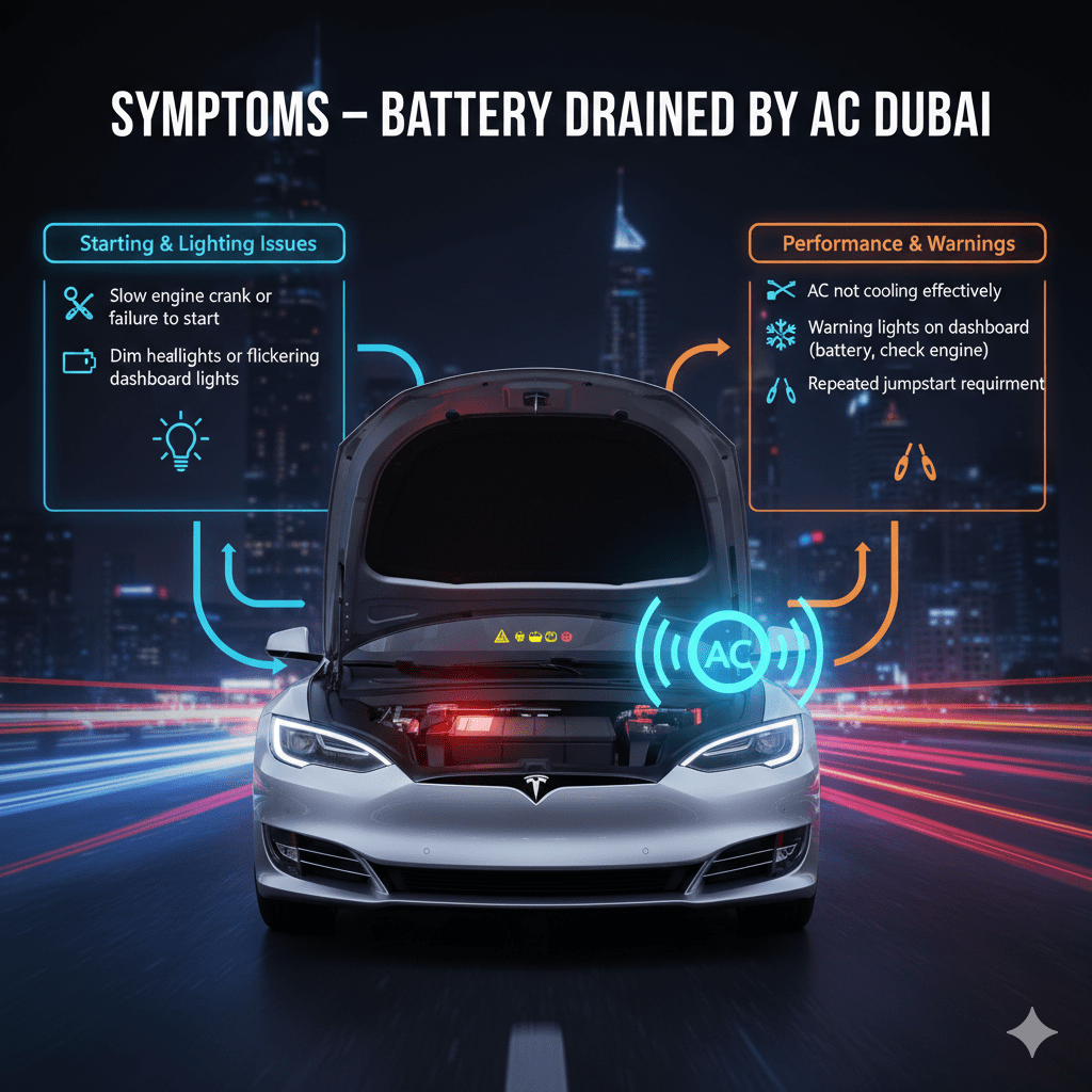 "Symptoms – Battery Drained by AC Dubai" "Animated infographic showing symptoms of battery drained by AC in Dubai, central branded car with glowing battery and dashboard warning lights, main symptoms displayed on sides, title on top."
