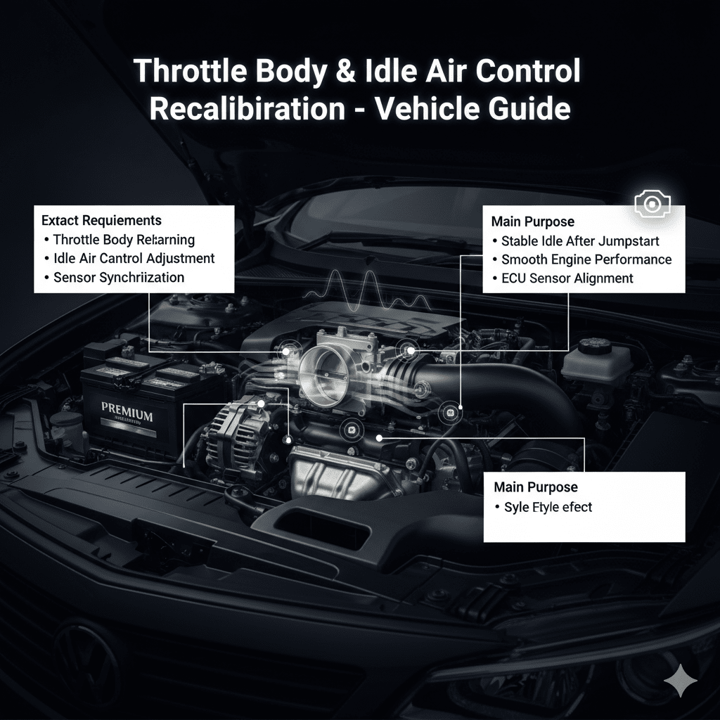 Infographic showing car engine and throttle body with animated airflow and sensor indicators highlighting throttle body relearn, idle air control adjustment, and sensor synchronization.