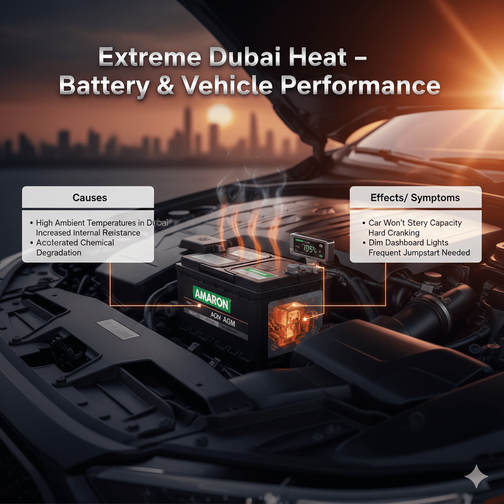 Infographic showing a car battery in a modern engine bay with animated heat waves, voltage drop, and chemical glow, illustrating extreme Dubai heat effects on battery performance.