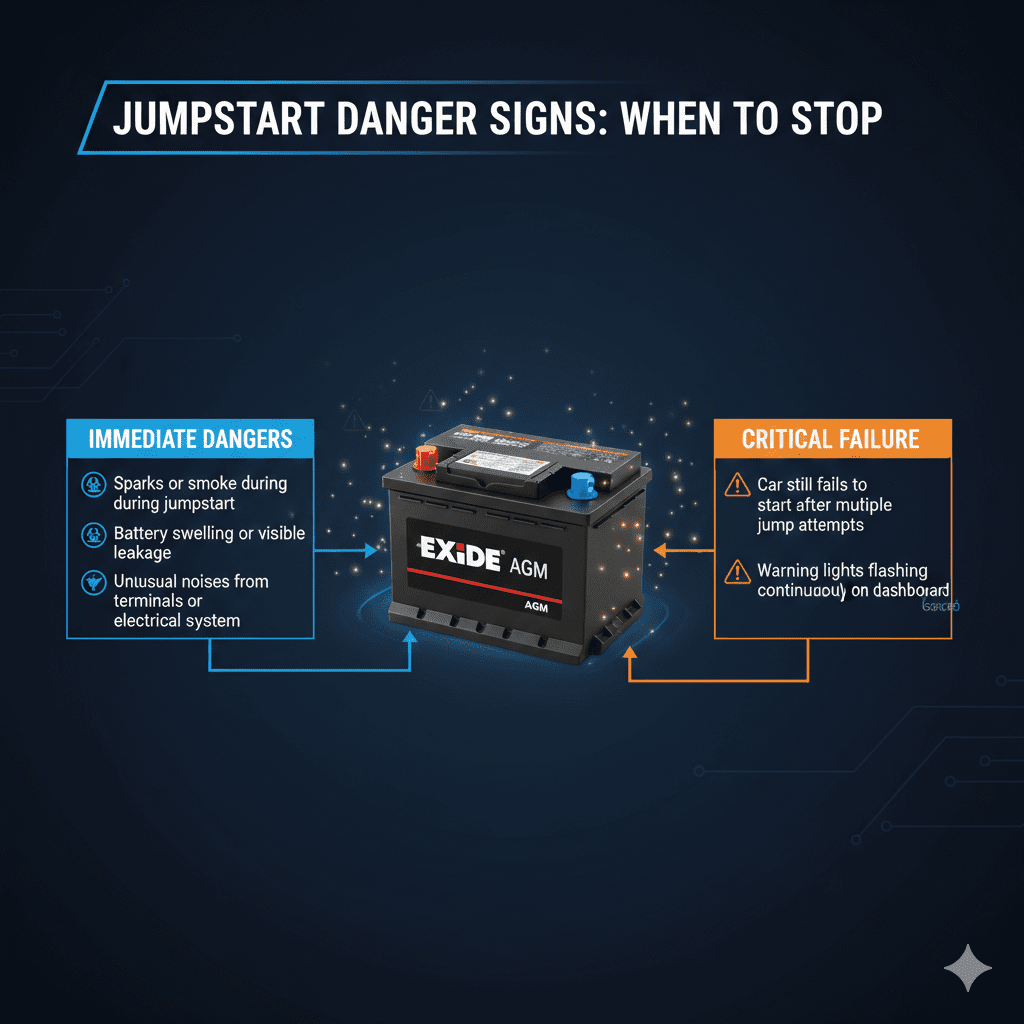 “Animated user guide image showing a top title, central car battery image, and bullet-pointed symptoms indicating high roadside jumpstart risks in Dubai on both sides.”