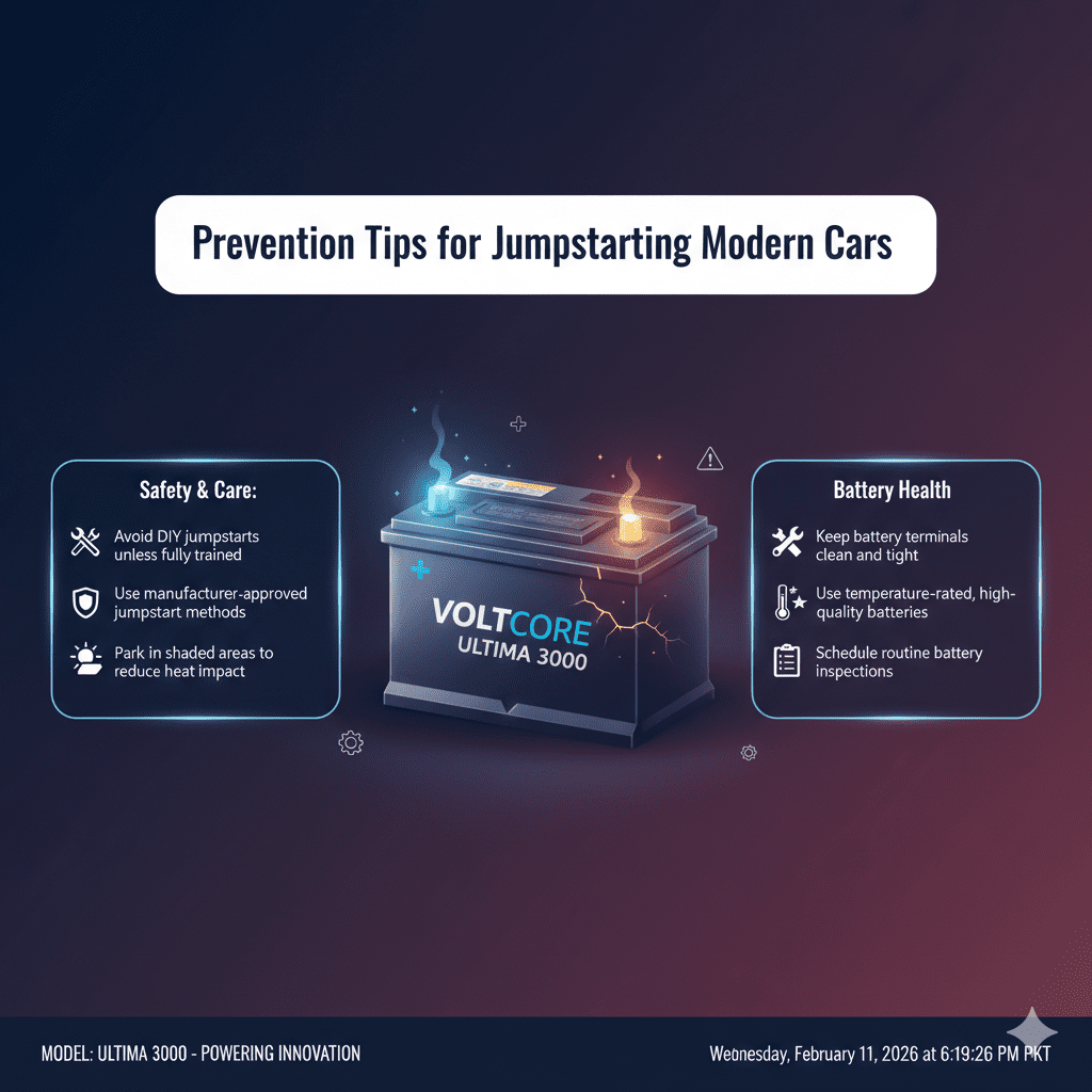 “Professional user guide illustration showing prevention tips for jumpstarting modern cars, with title at the top, key preventive points on sides, and an animated branded battery in the center.”