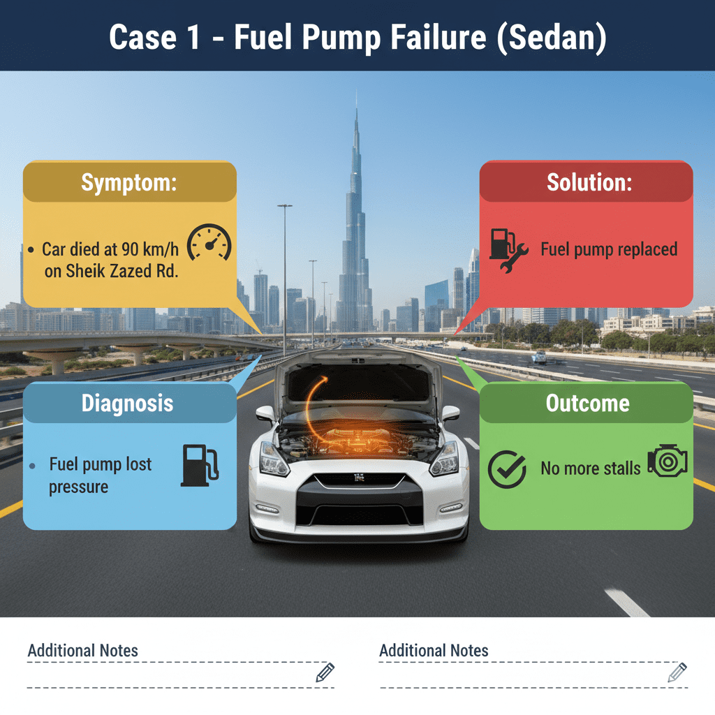 Animated infographic showing a premium sedan with engine highlighted on Dubai's Sheikh Zayed Road, title 'Case 1 – Fuel Pump Failure (Sedan)' at top, and bullet points on sides for symptom, diagnosis, solution, and outcome.