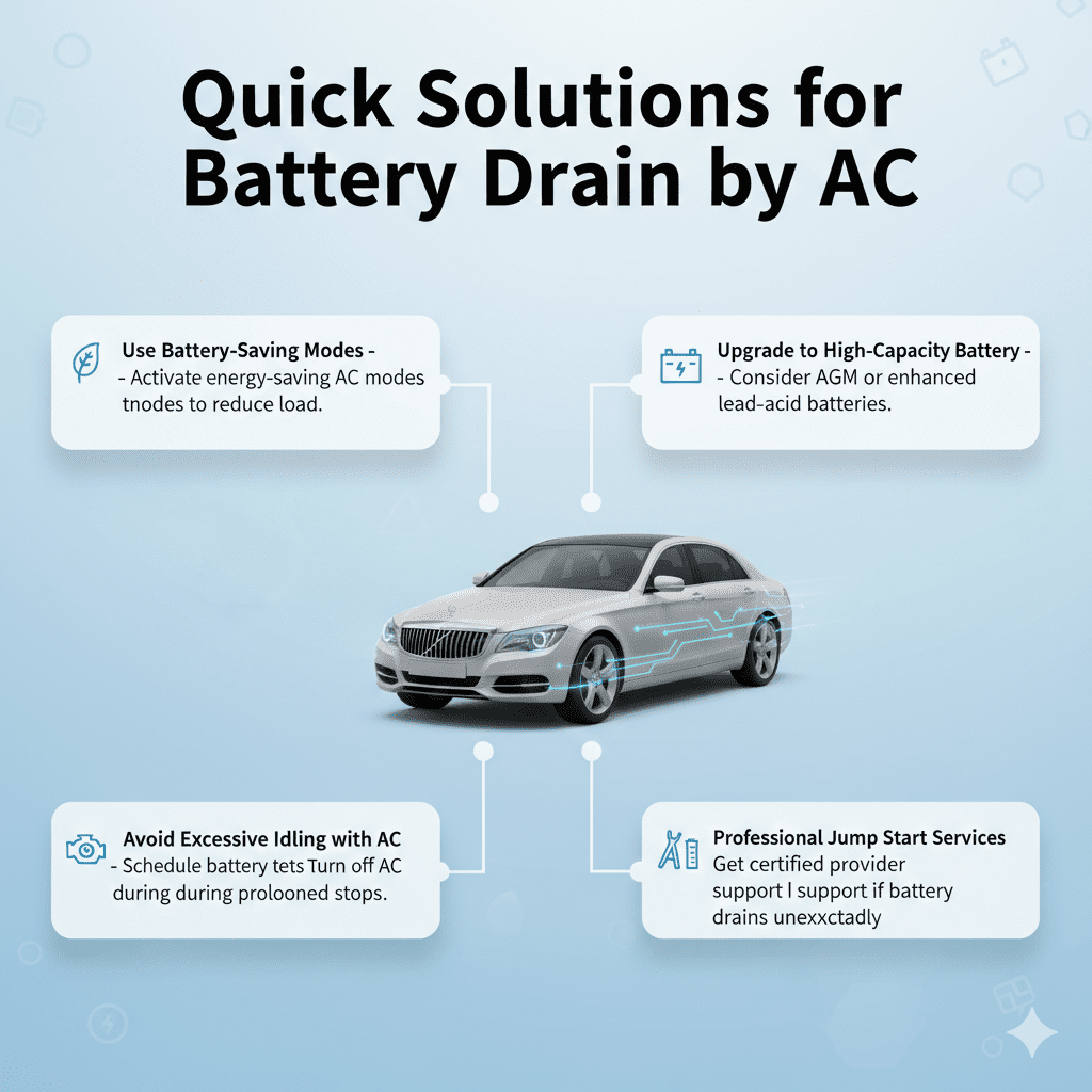 “Quick Solutions for Battery Drain by AC – High-Quality User Guide Infographic” “User guide infographic showing quick solutions for battery drain by AC with title at top, bullet points on sides, and premium automotive brand image in center.”