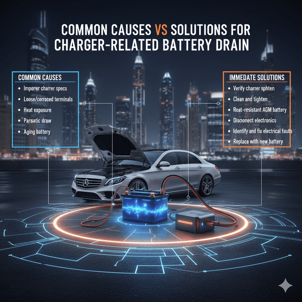 "Infographic showing a luxury car with glowing battery and charger at the center, with side panels listing common causes, immediate solutions, and long-term fixes for charger-related battery drain in Dubai."